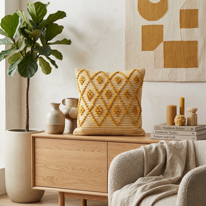 Sunshine Yellow Diamond Hand-Tufted Cushion Covers - 16*16 inches Set of 2 (TFB)