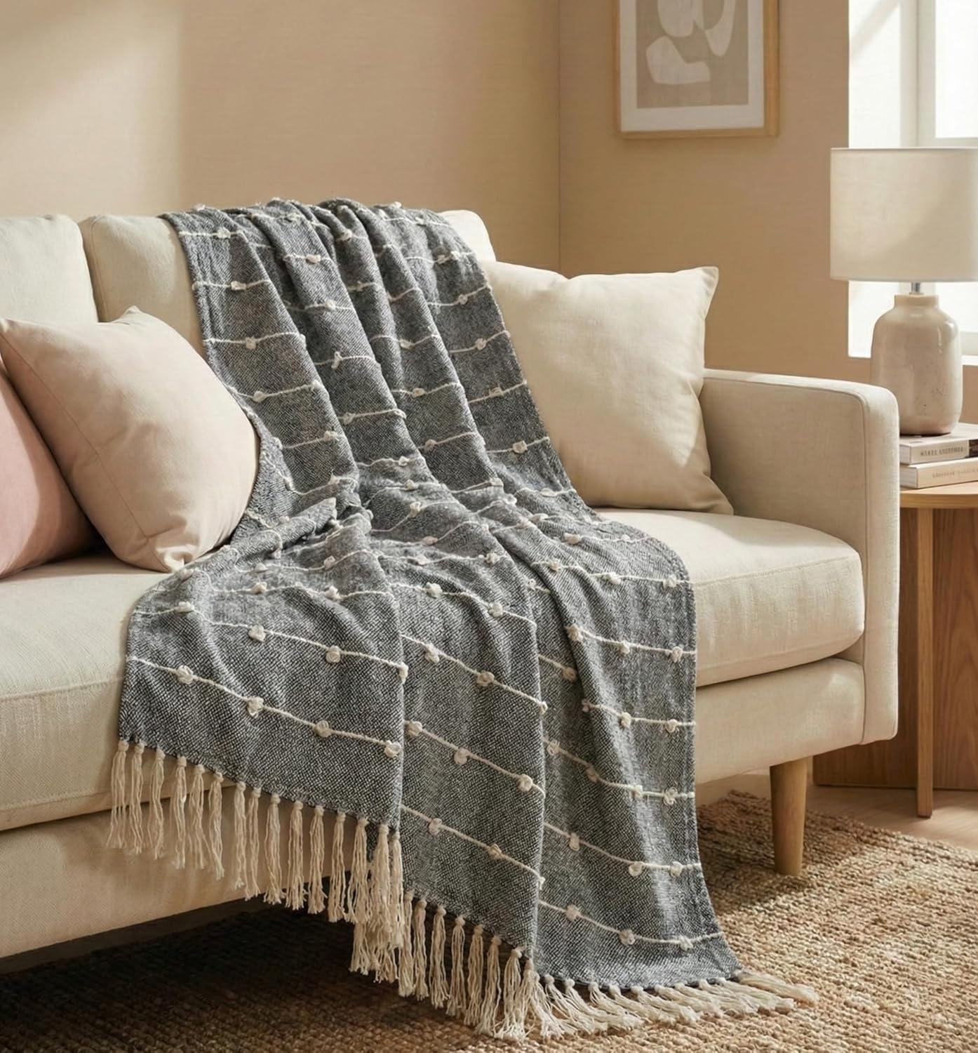 Textured Pom-poms Tufted Cotton Throws - 50*60 inches (TFB)