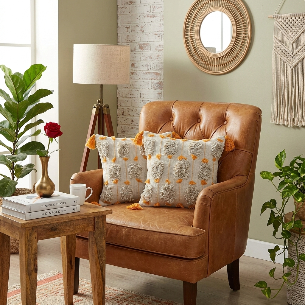Vibrant Ochre & Tassel Hand-Tufted Cushion Covers - 16*16 inches Set of 2 (TFB)