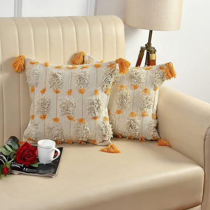 Vibrant Ochre & Tassel Hand-Tufted Cushion Covers - 16*16 inches Set of 2 (TFB)