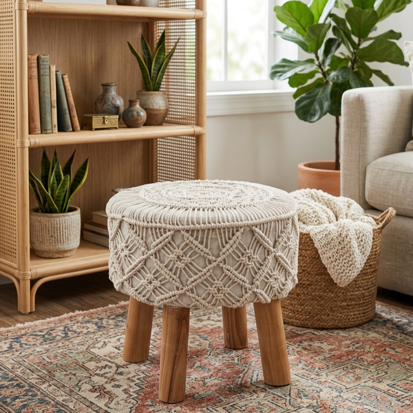 Handwoven Macramé Round Ottoman - 16*14 inches (TFB)