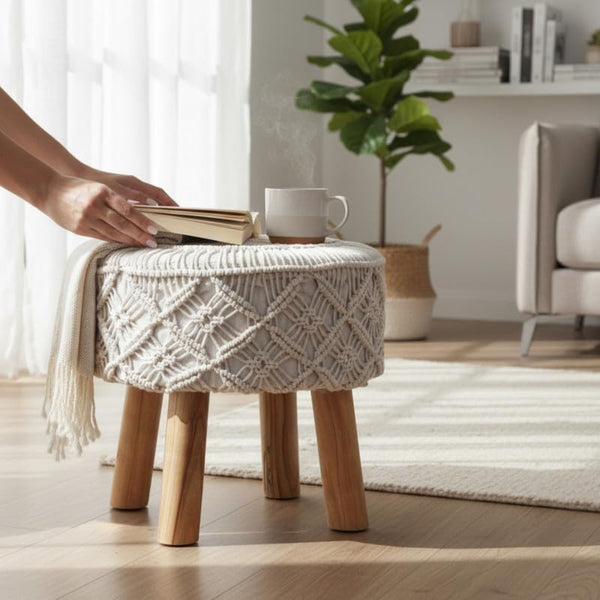 Handwoven Macramé Round Ottoman - 16*14 inches (TFB)