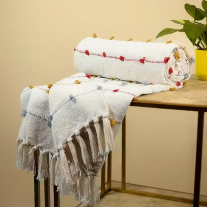 Textured Pom-poms Tufted Cotton Throws - 50*60 inches (TFB)