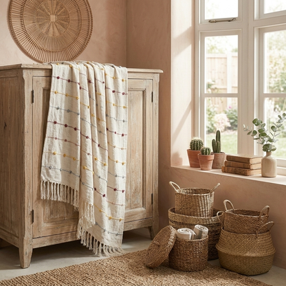 Textured Pom-poms Tufted Cotton Throws - 50*60 inches (TFB)