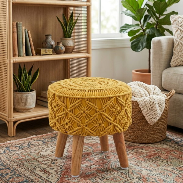 Handwoven Macramé Round Ottoman - 16*14 inches (TFB)