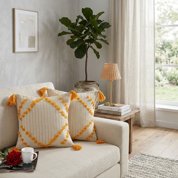 Sunny Yellow Diamond Hand-Tufted Cushion Covers - 16*16 inches Set of 2 (TFB)