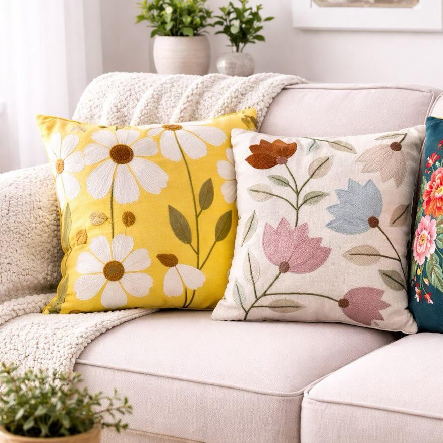 White Flower Embroidered Cushion Cover 40*40cms - (TFB)