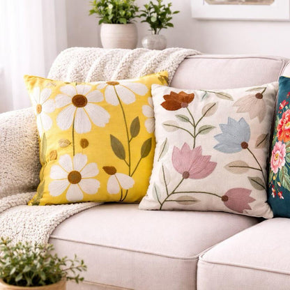 White Flower Embroidered Cushion Cover 40*40cms - (TFB)
