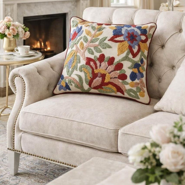 Floral Chain-Stitch Embroidered Cushion Cover 40*40cms - (TFB)