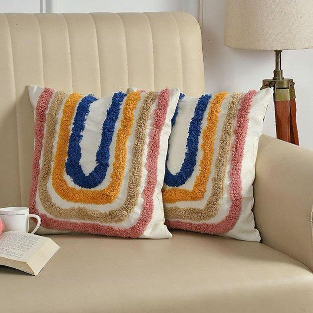 Multi-Tone Contrast Rainbow Hand-Tufted Cushion Covers - 16*16 inches Set of 2 (TFB)