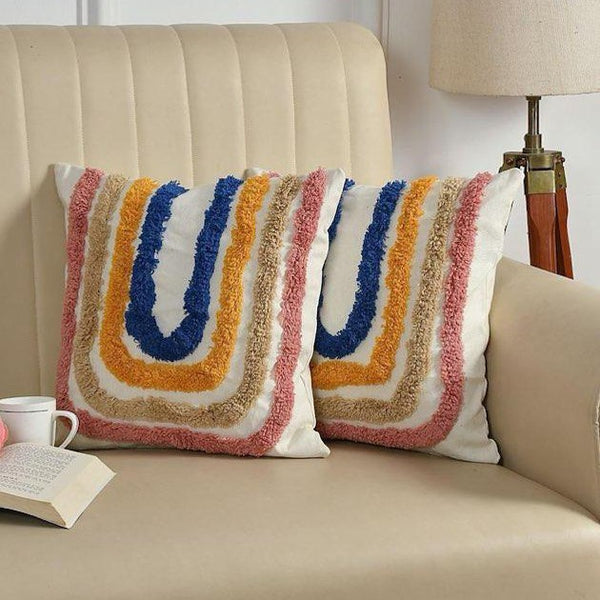 Multi-Tone Contrast Rainbow Hand-Tufted Cushion Covers - 16*16 inches Set of 2 (TFB)