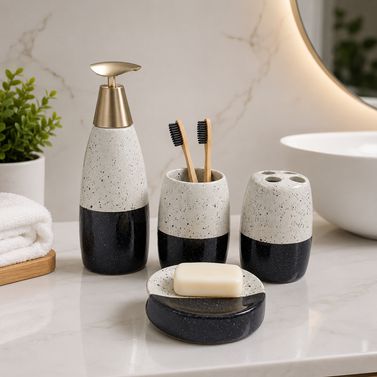 The Terra Duo Ceramic Bathroom Accessory Set - 1 Soap Dispenser + Toothbrush Holder + 1 Tumblers + 1 Soap Dish (W)