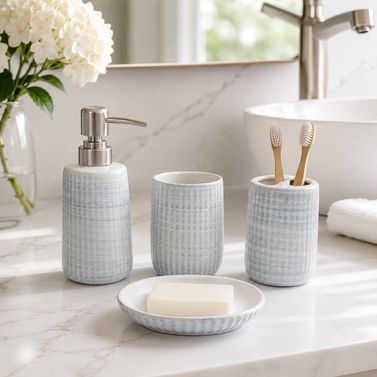 Aura Linear Ribbed Ceramic Bathroom Accessory Set - 1 Soap Dispenser + Toothbrush Holder + 1 Tumblers + 1 Soap Dish (W)