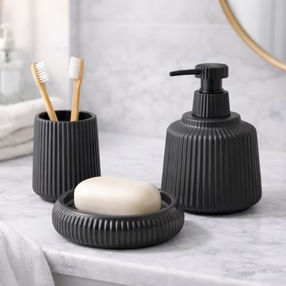 Sculpted Ridge Ceramic Bathroom Accessory Set - 1 Soap Dispenser + Toothbrush Holder + 1 Soap Dish (W)