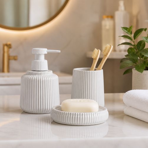 Sculpted Ridge Ceramic Bathroom Accessory Set - 1 Soap Dispenser + Toothbrush Holder + 1 Soap Dish (W)