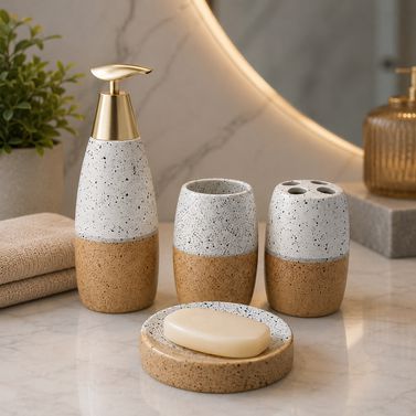 The Terra Duo Ceramic Bathroom Accessory Set - 1 Soap Dispenser + Toothbrush Holder + 1 Tumblers + 1 Soap Dish (W)