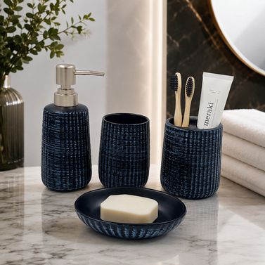 Aura Linear Ribbed Ceramic Bathroom Accessory Set - 1 Soap Dispenser + Toothbrush Holder + 1 Tumblers + 1 Soap Dish (W)