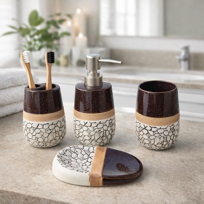 Kintsugi-Inspired Textured Ceramic Bathroom Accessory Set - 1 Soap Dispenser + Toothbrush Holder + 1 Tumblers + 1 Soap Dish (W)