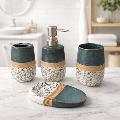 Kintsugi-Inspired Textured Ceramic Bathroom Accessory Set - 1 Soap Dispenser + Toothbrush Holder + 1 Tumblers + 1 Soap Dish (W)