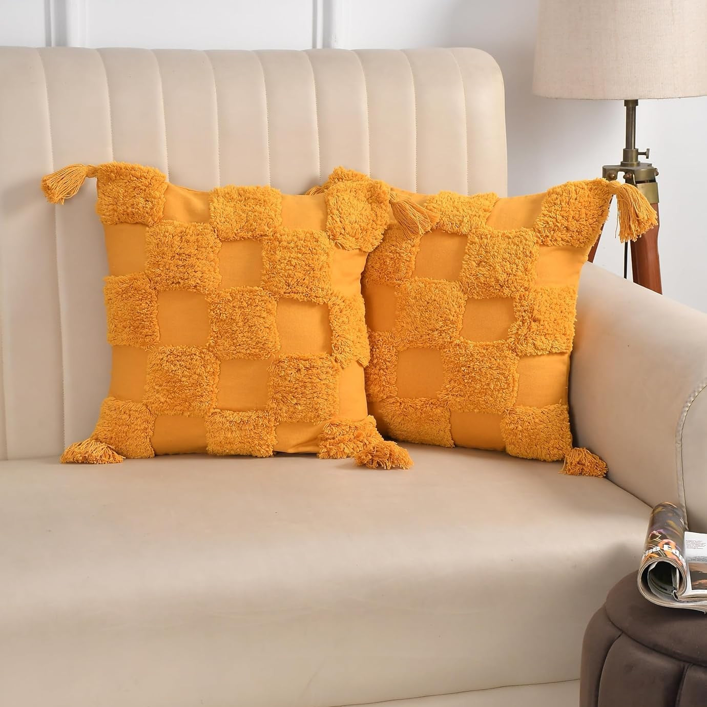 Mustard Yellow Tufted Checkerboard Hand-Tufted Cushion Covers - 16*16 inches Set of 2 (TFB)