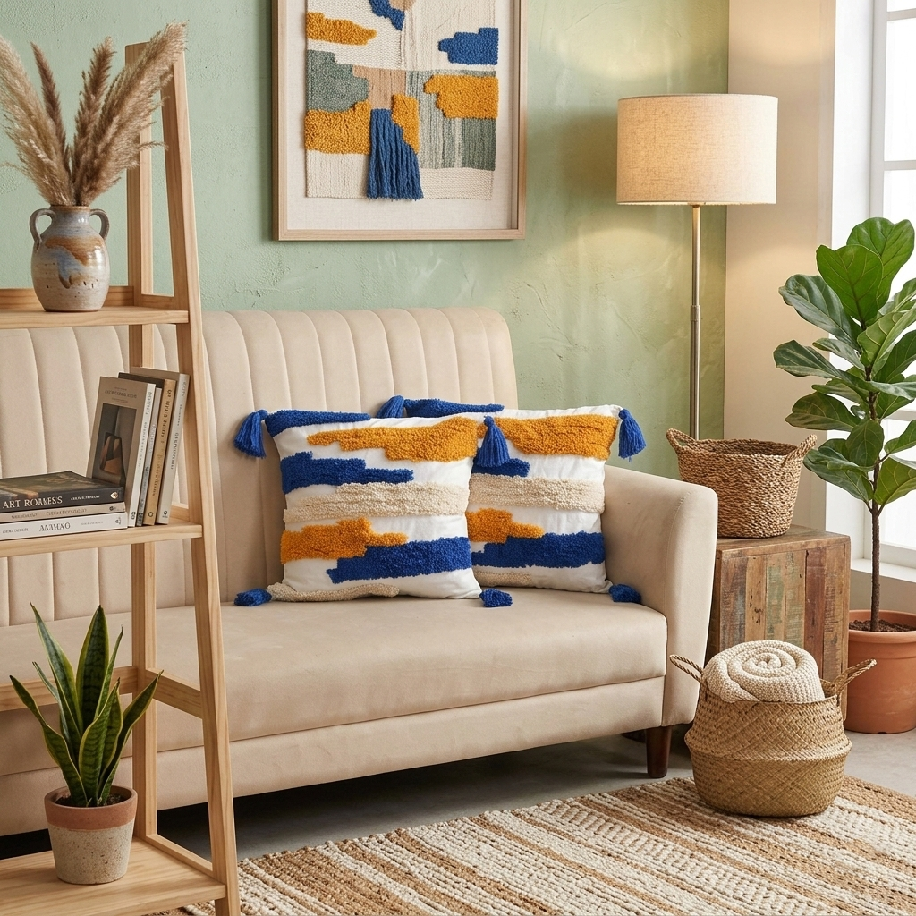 Cobalt Blue & Marigold Accents Hand-Tufted Cushion Covers - 16*16 inches Set of 2 (TFB)