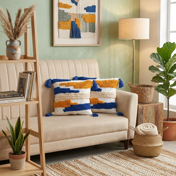 Cobalt Blue & Marigold Accents Hand-Tufted Cushion Covers - 16*16 inches Set of 2 (TFB)