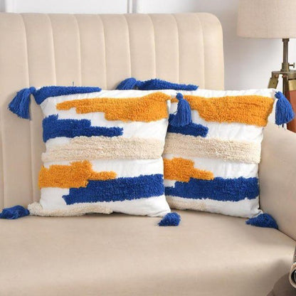 Cobalt Blue & Marigold Accents Hand-Tufted Cushion Covers - 16*16 inches Set of 2 (TFB)