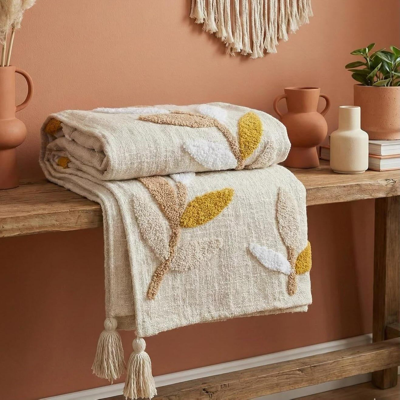 Botanical Tufted with Tassels Cotton Throw - 50*60 inches (TFB)