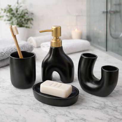 Kanso Curve Bathroom Accessory Set - 1 Soap Dispenser + Toothbrush Holder + 1 Tumblers + 1 Soap Dish (W)