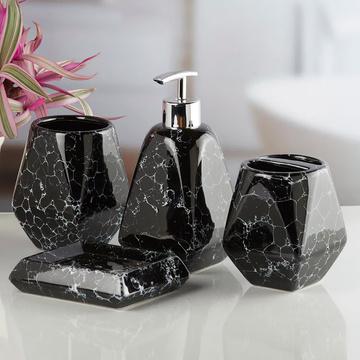 Geometric Faux Marbled Ceramic Bathroom Accessory Set - 1 Soap Dispenser + Toothbrush Holder + 1 Tumblers + 1 Soap Dish (W)