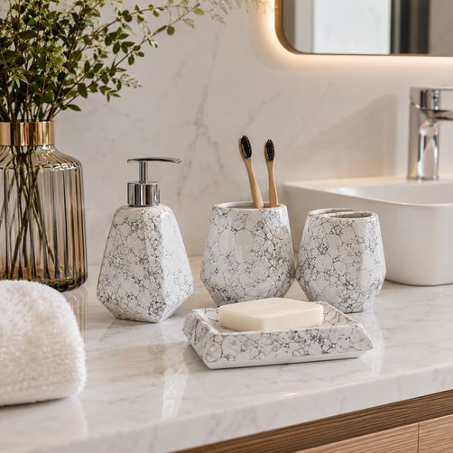 Geometric Faux Marbled Ceramic Bathroom Accessory Set - 1 Soap Dispenser + Toothbrush Holder + 1 Tumblers + 1 Soap Dish (W)