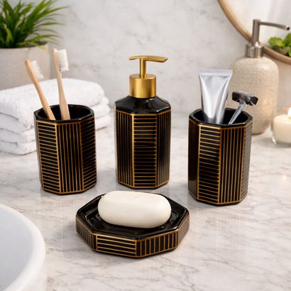 Imperial Linea Octagon Ceramic Bathroom Accessory Set - 1 Soap Dispenser + Toothbrush Holder + 1 Tumblers + 1 Soap Dish (W)